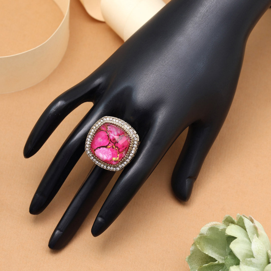 Rosy Pink Color Kundan Ring For Women
