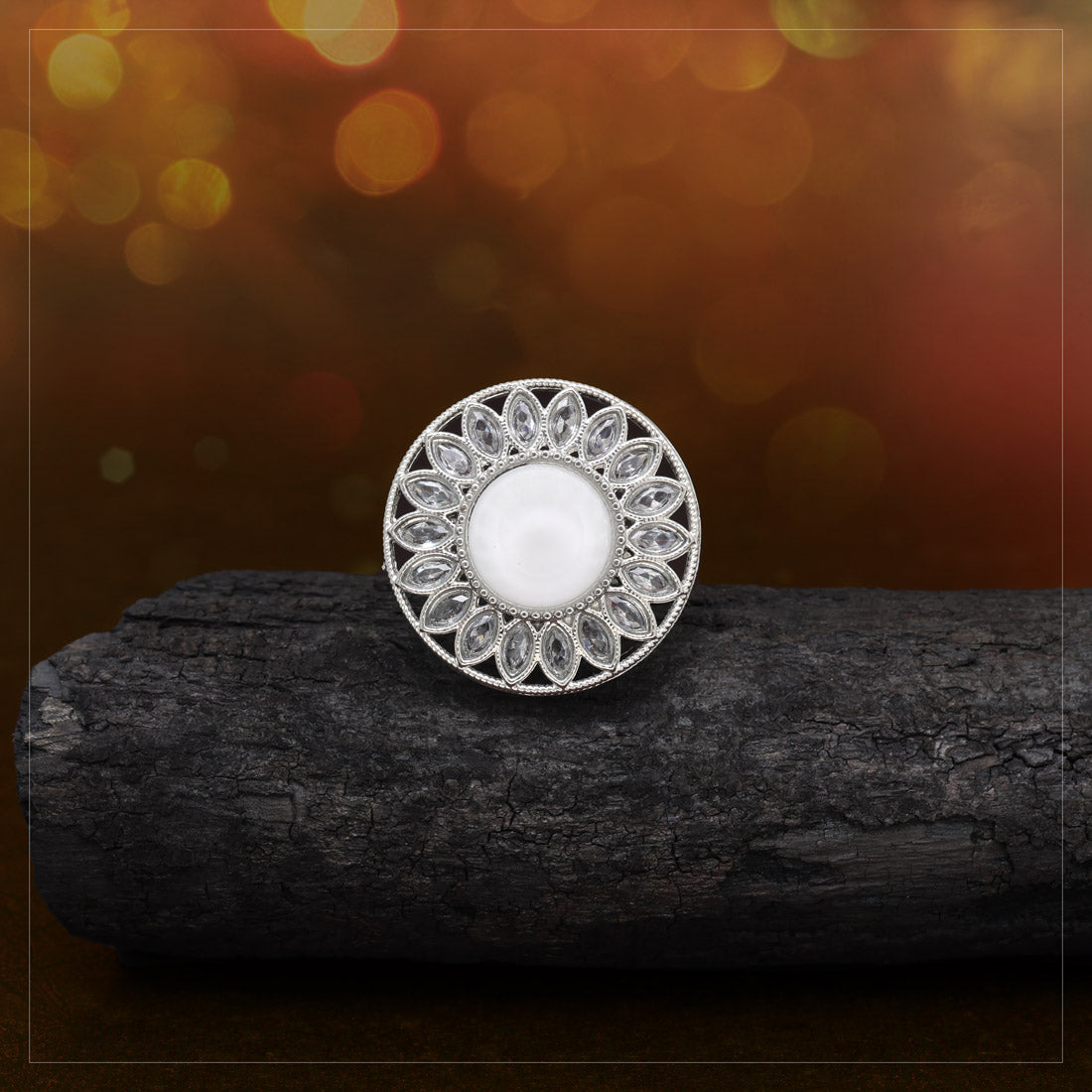 Metallic Silver Color Kundan Ring For Women