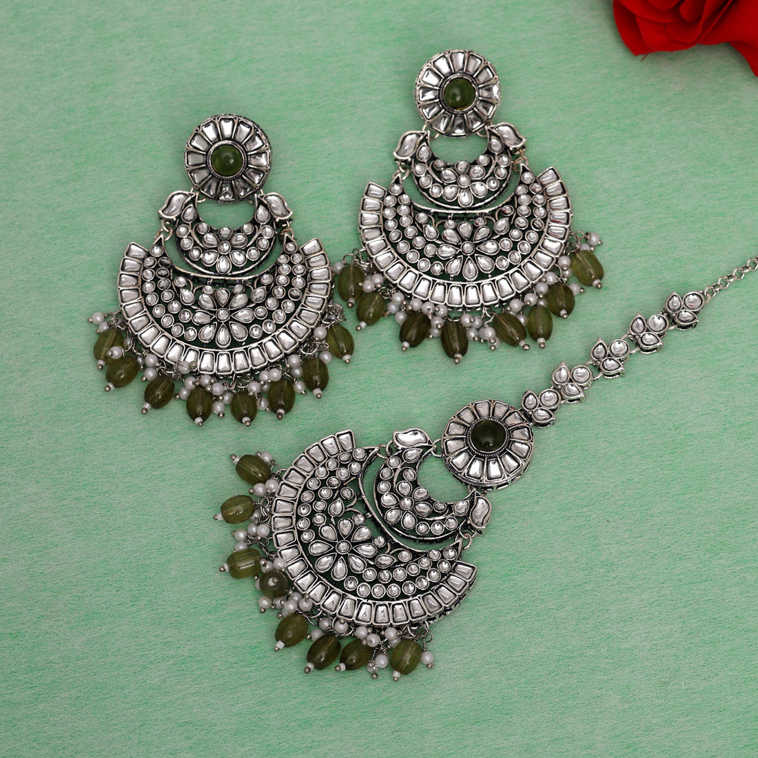 Mehandi Green Color Kundan Earrings With Maang Tikka