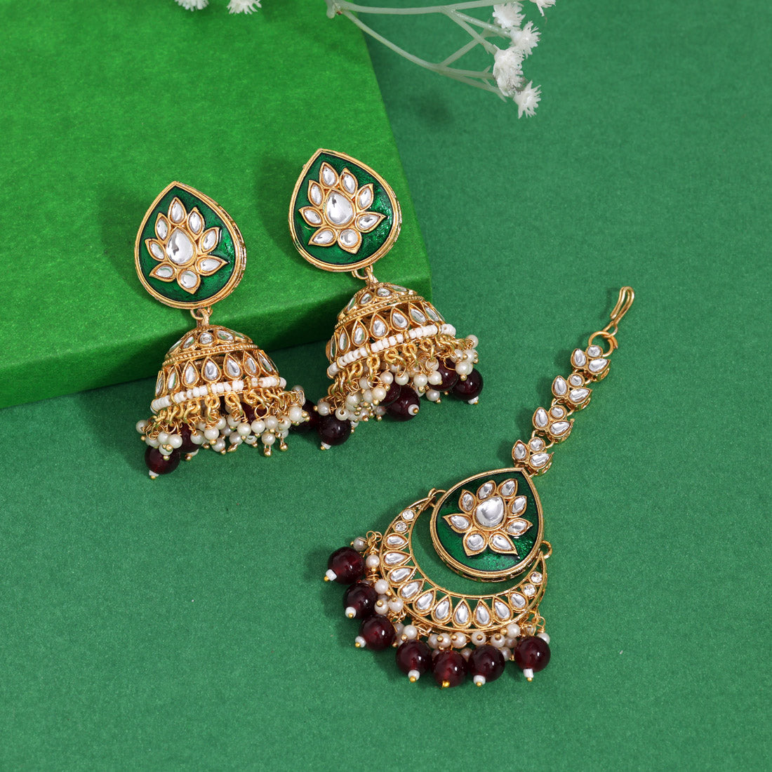 Maroon Color Kundan Earrings With Maang Tikka