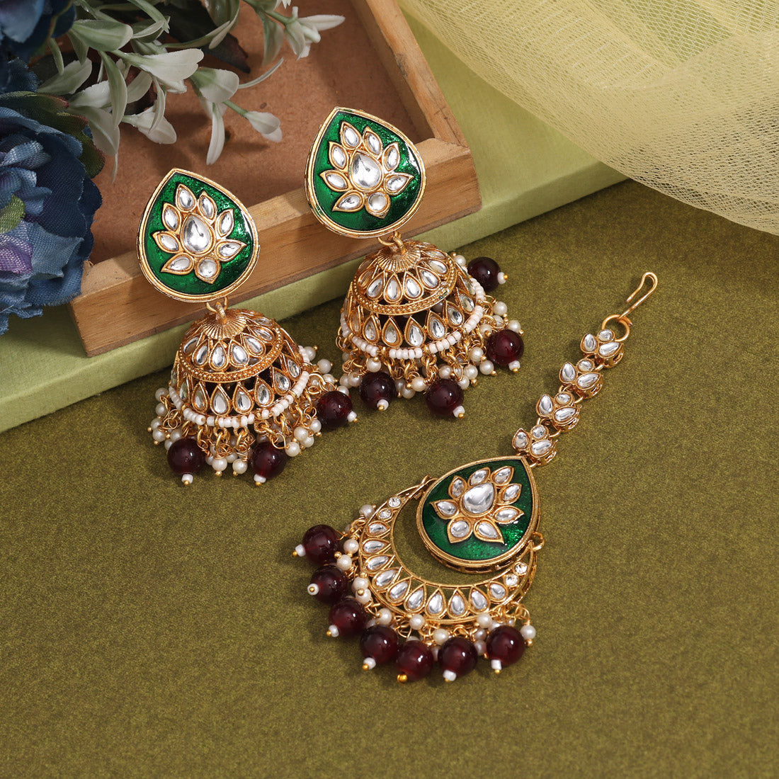 Maroon Color Kundan Earrings With Maang Tikka