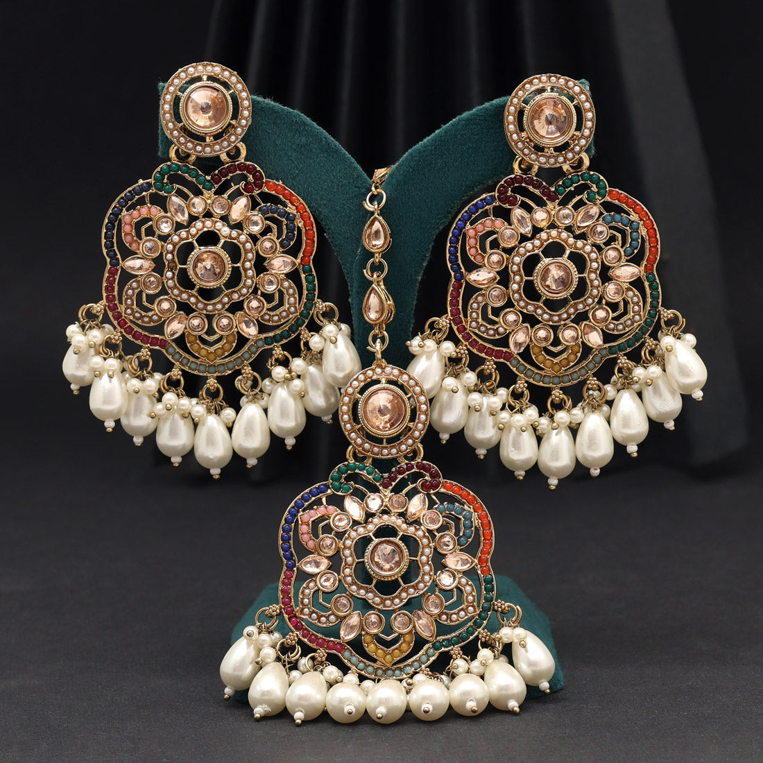 Multi Color Pakistani Kundan Earrings With Maang Tikka