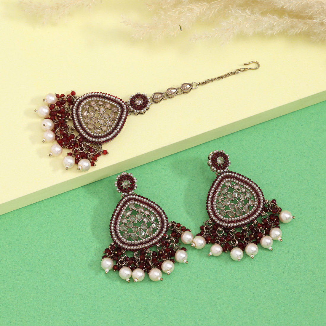 Maroon Color Pakistani Kundan Earrings With Maang Tikka