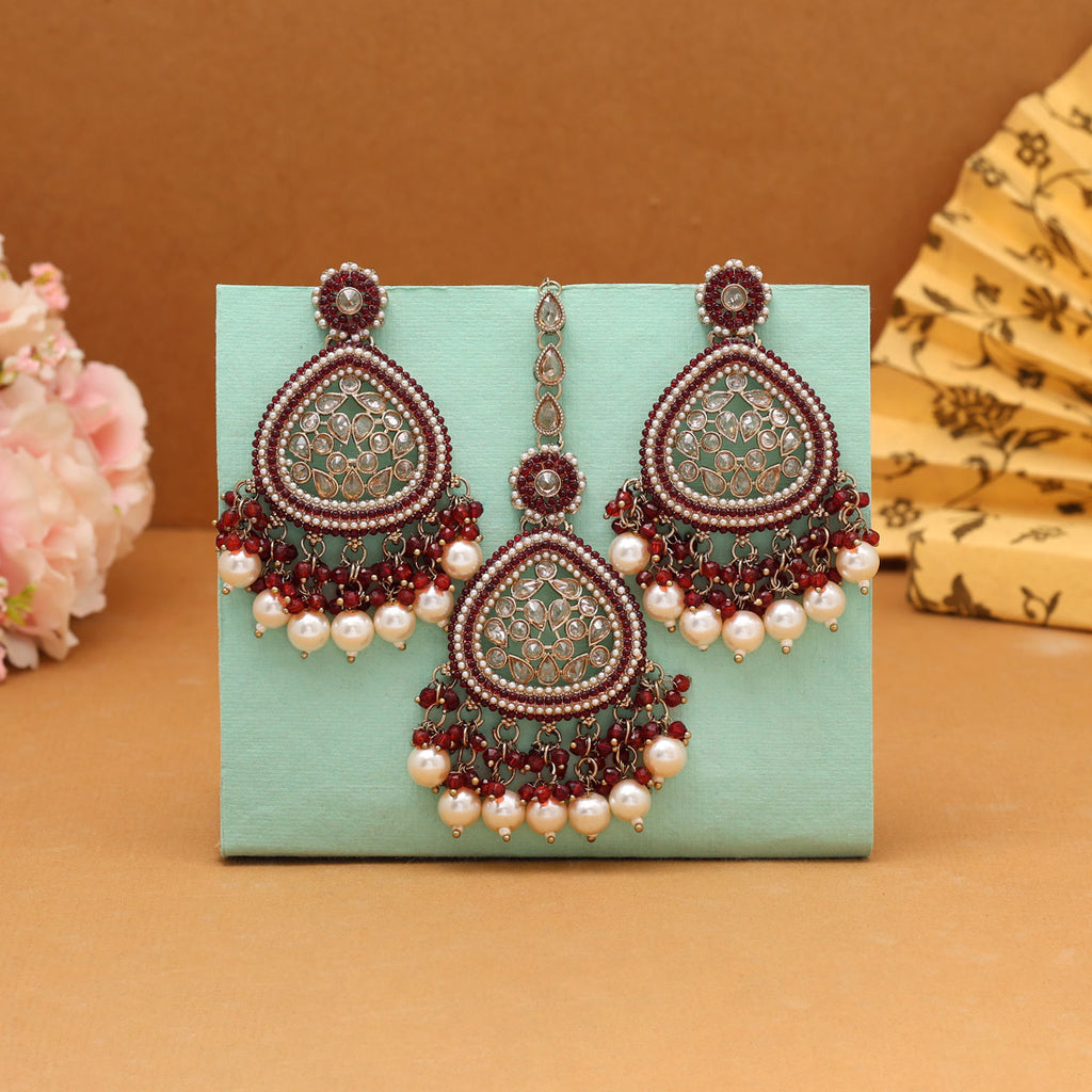 Maroon Color Pakistani Kundan Earrings With Maang Tikka