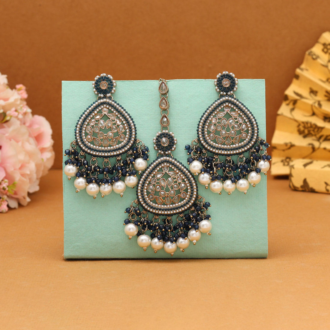 Turquoise Blue Color Pakistani Kundan Earrings With Maang Tikka