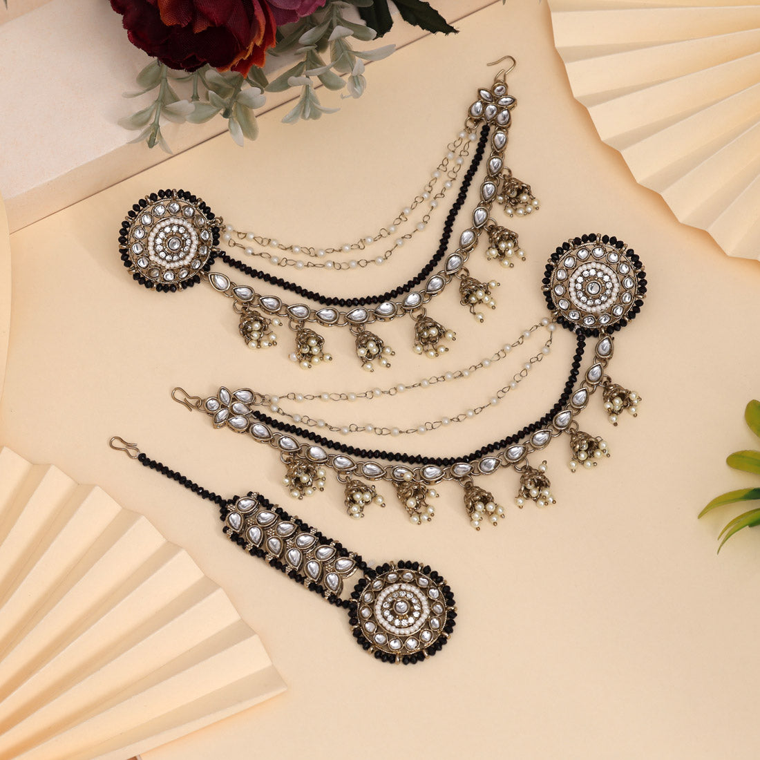Classic Black Color Kundan Earrings With Maang Tikka