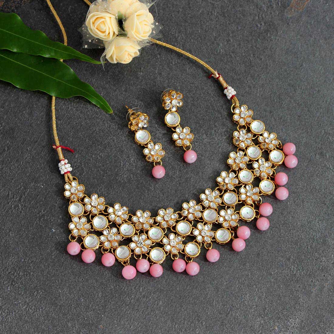 Pink Color Kundan Necklace Set