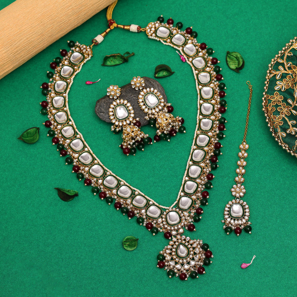 Maroon & Green Color Long Kundan Necklace Set (KN1344MG)
