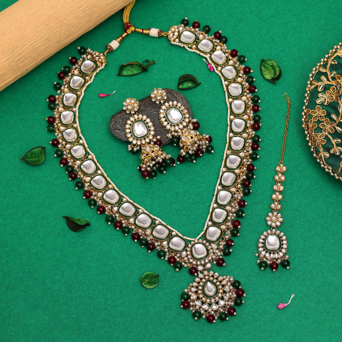 Maroon & Green Color Long Kundan Necklace Set (KN1344MG)