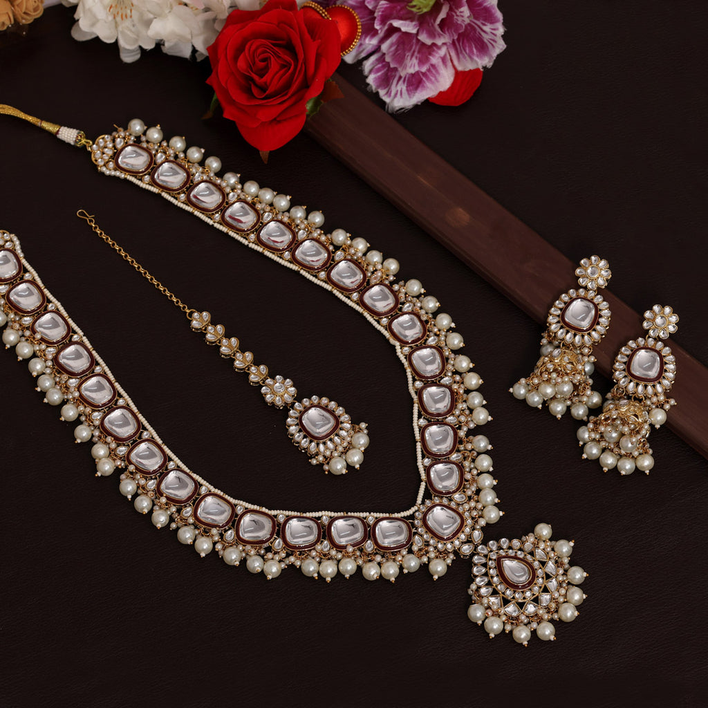 Maroon Color Long Kundan Necklace Set (KN1344MRN)