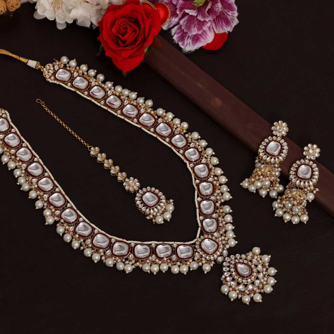 Maroon Color Long Kundan Necklace Set (KN1344MRN)