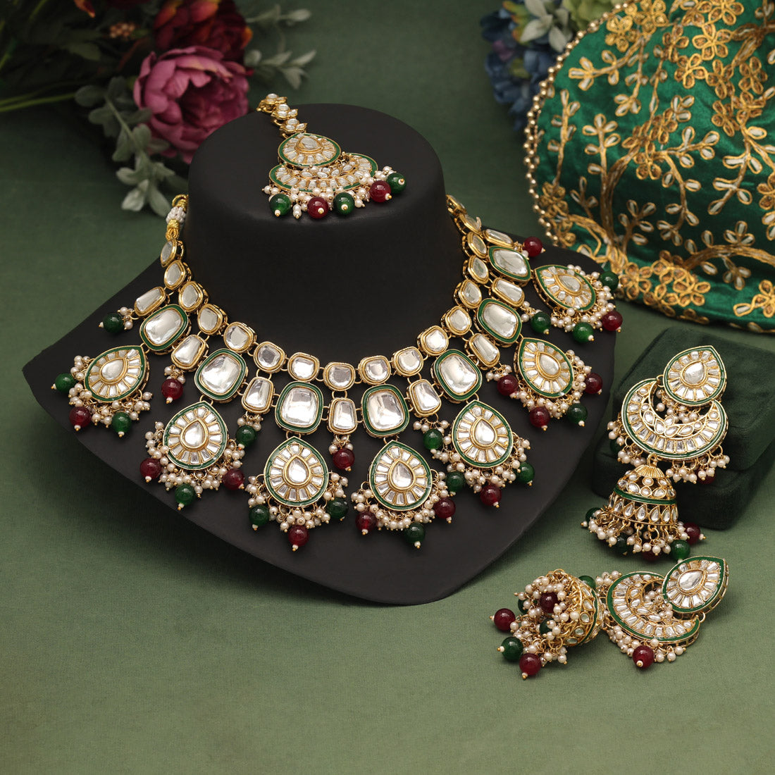 Maroon & Green Color Kundan Necklace Set (KN1377MG)