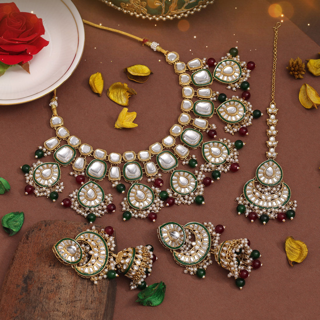 Maroon & Green Color Kundan Necklace Set (KN1377MG)