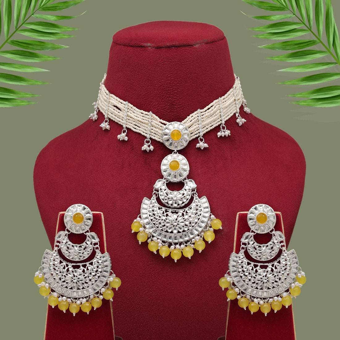 Yellow Color Choker Kundan Necklace Set