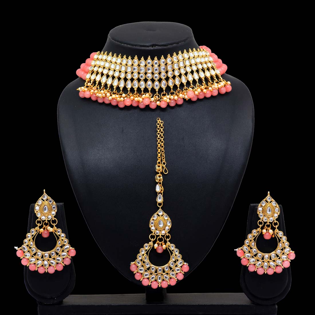 Peach Color Kundan Necklace Set