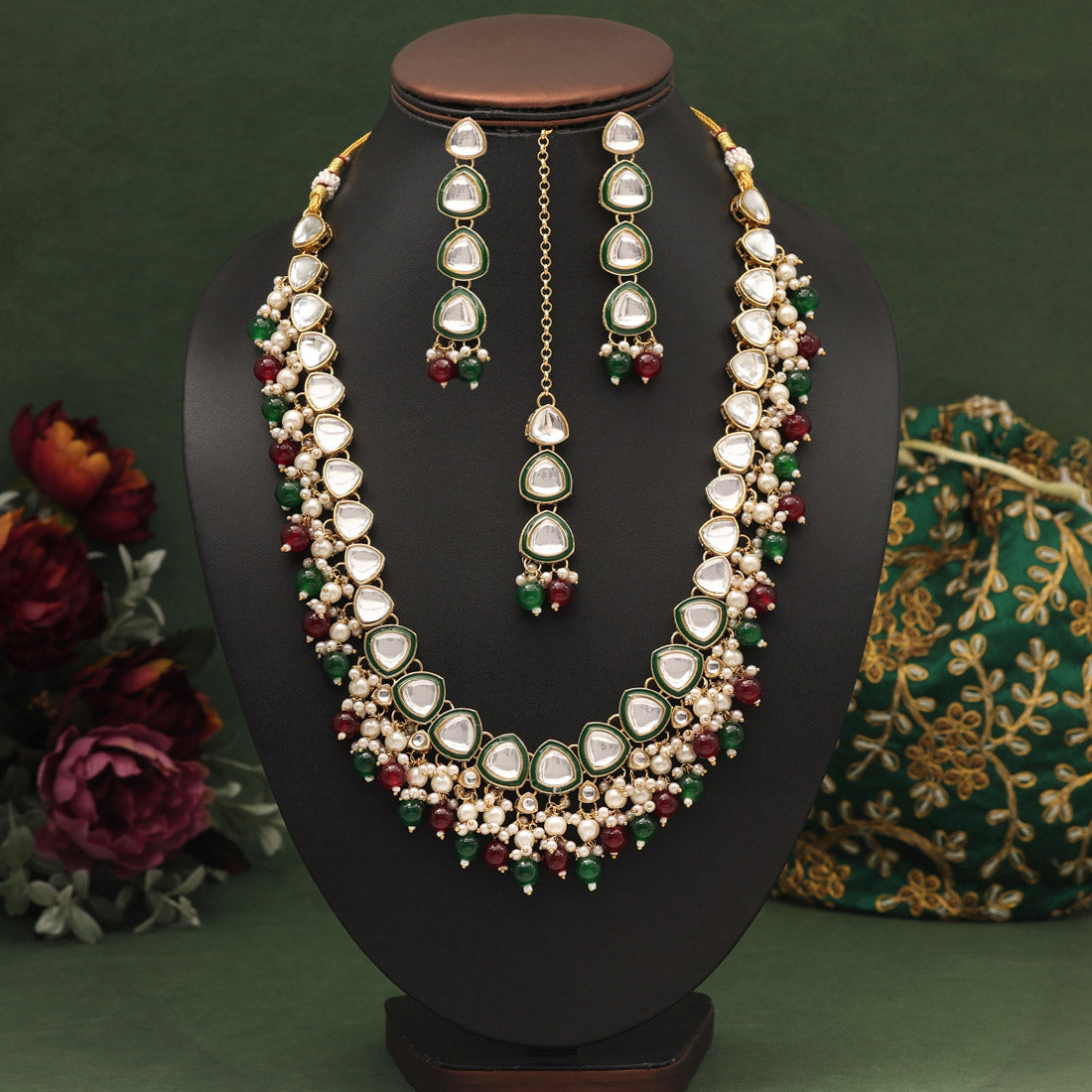 Maroon & Green Color Kundan Necklace Set (KN1412MG)
