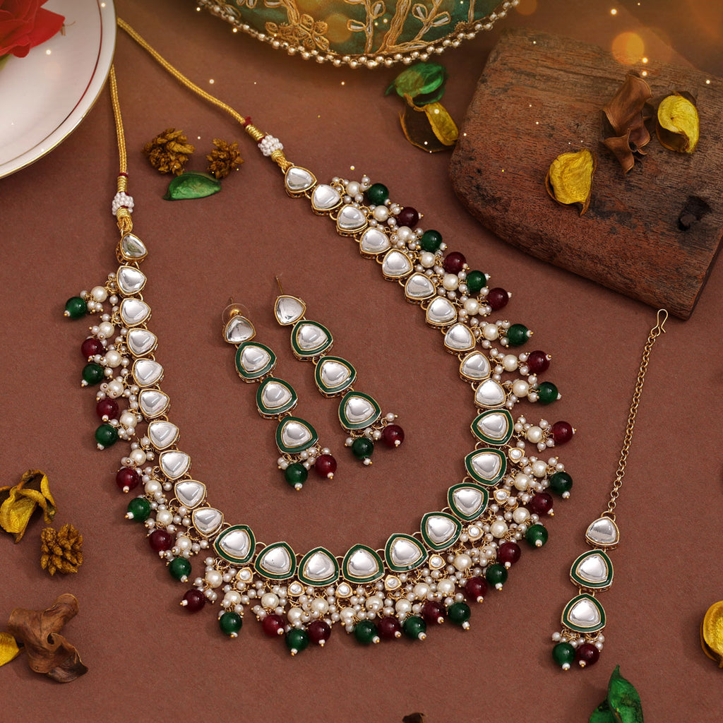 Maroon & Green Color Kundan Necklace Set (KN1412MG)