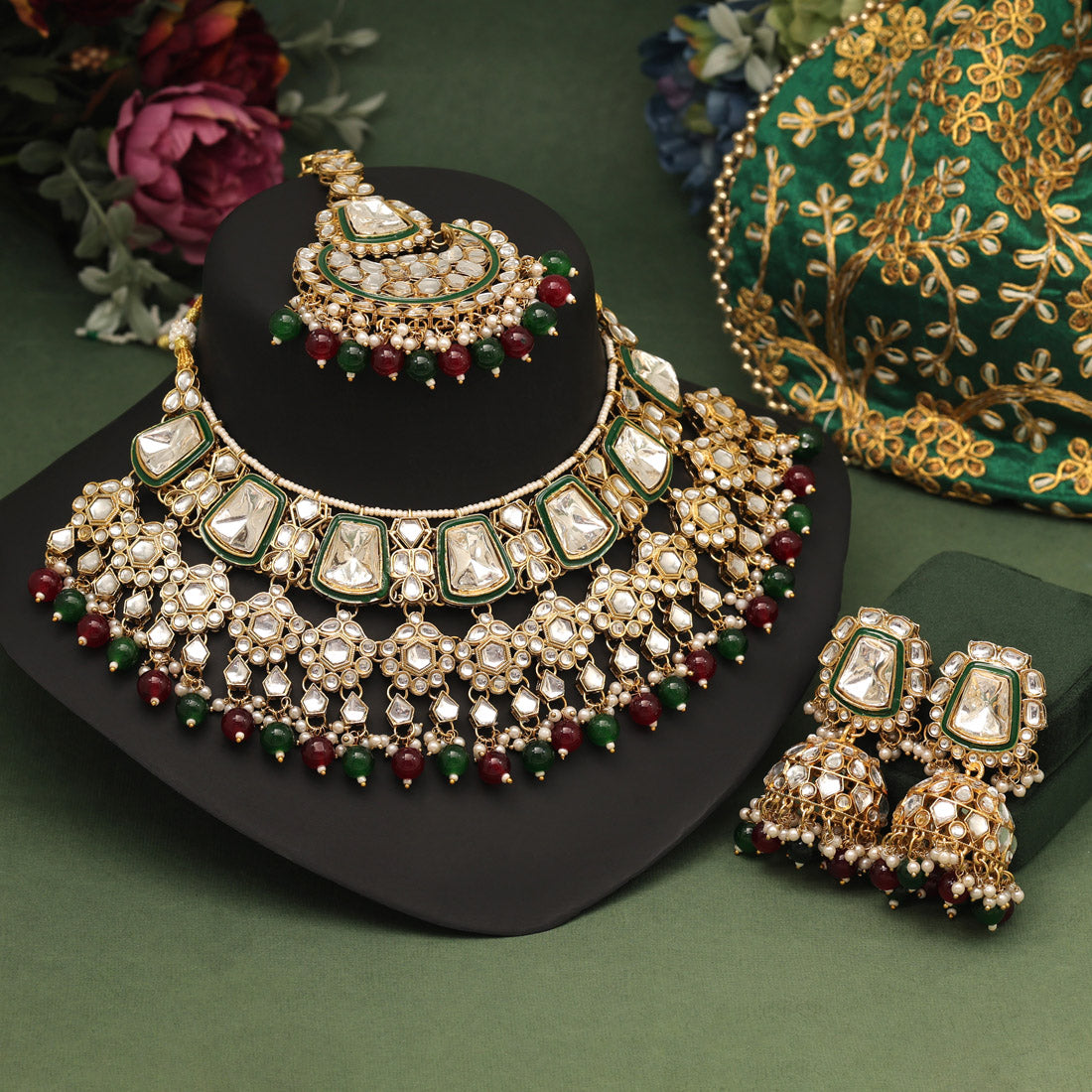 Maroon & Green Color Kundan Necklace Set (KN1413MG)