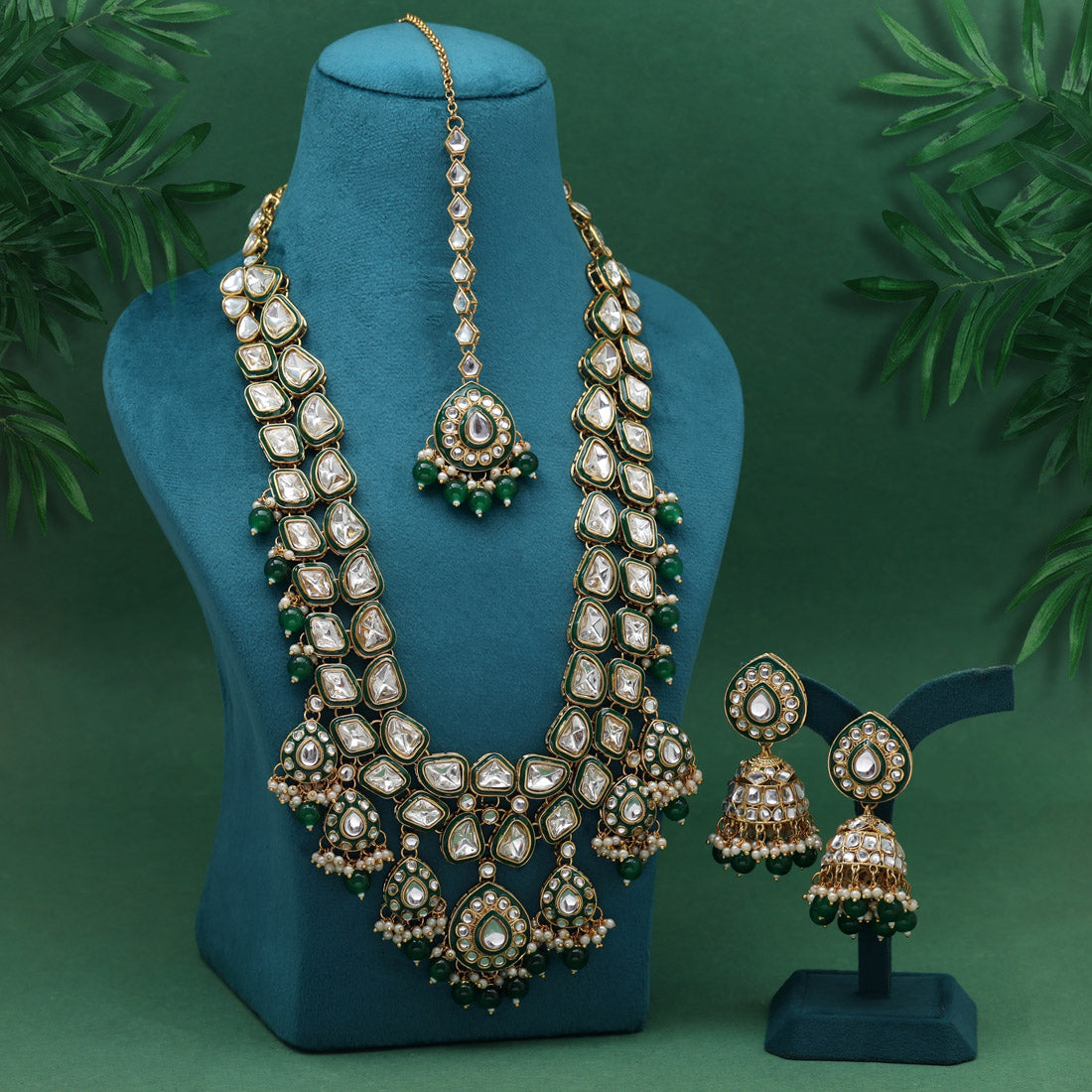 Green Color Meena Work Kundan Necklace Set