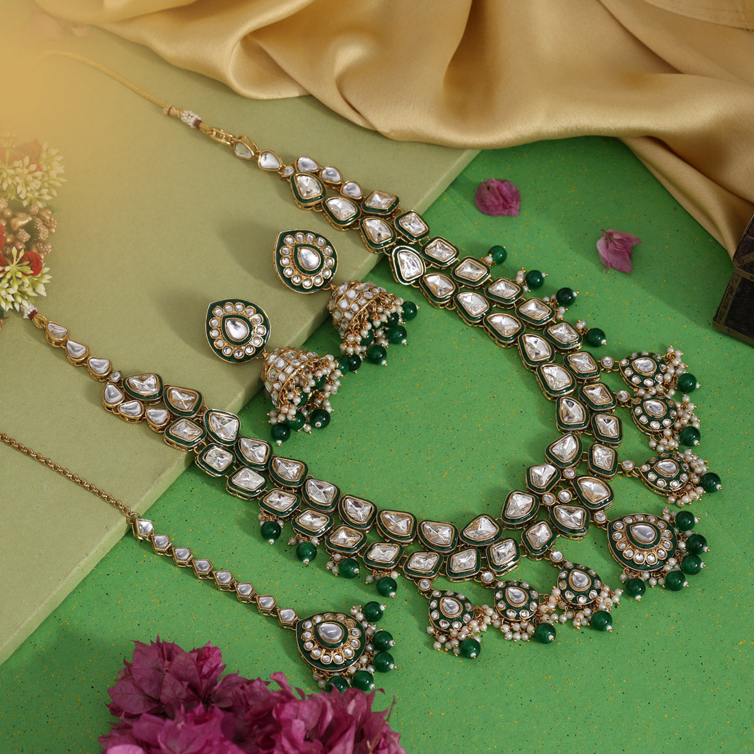 Green Color Meena Work Kundan Necklace Set
