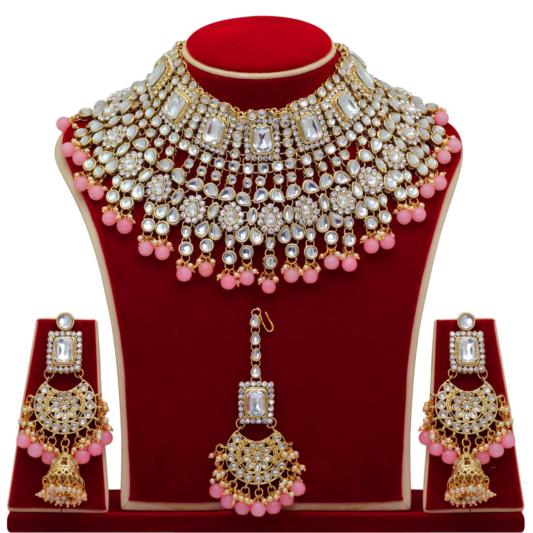 Peach Color Kundan Bridal Necklace With Earrings & Maang Tikka