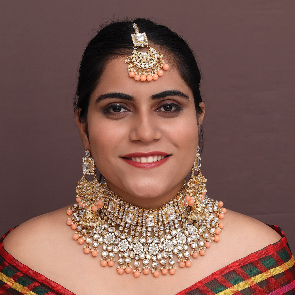 Peach Color Kundan Bridal Necklace With Earrings & Maang Tikka