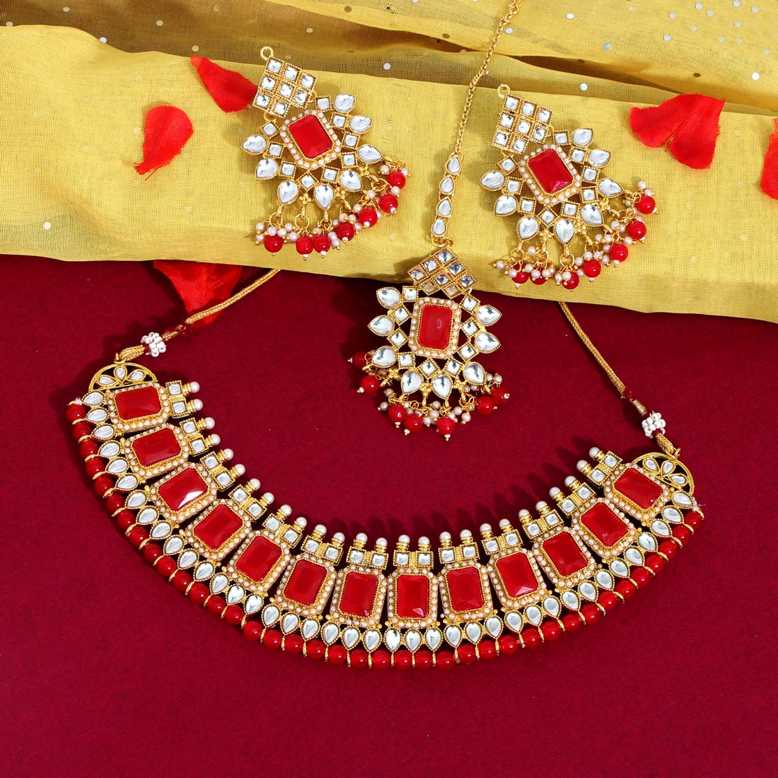 Red Color Kundan Necklace Set