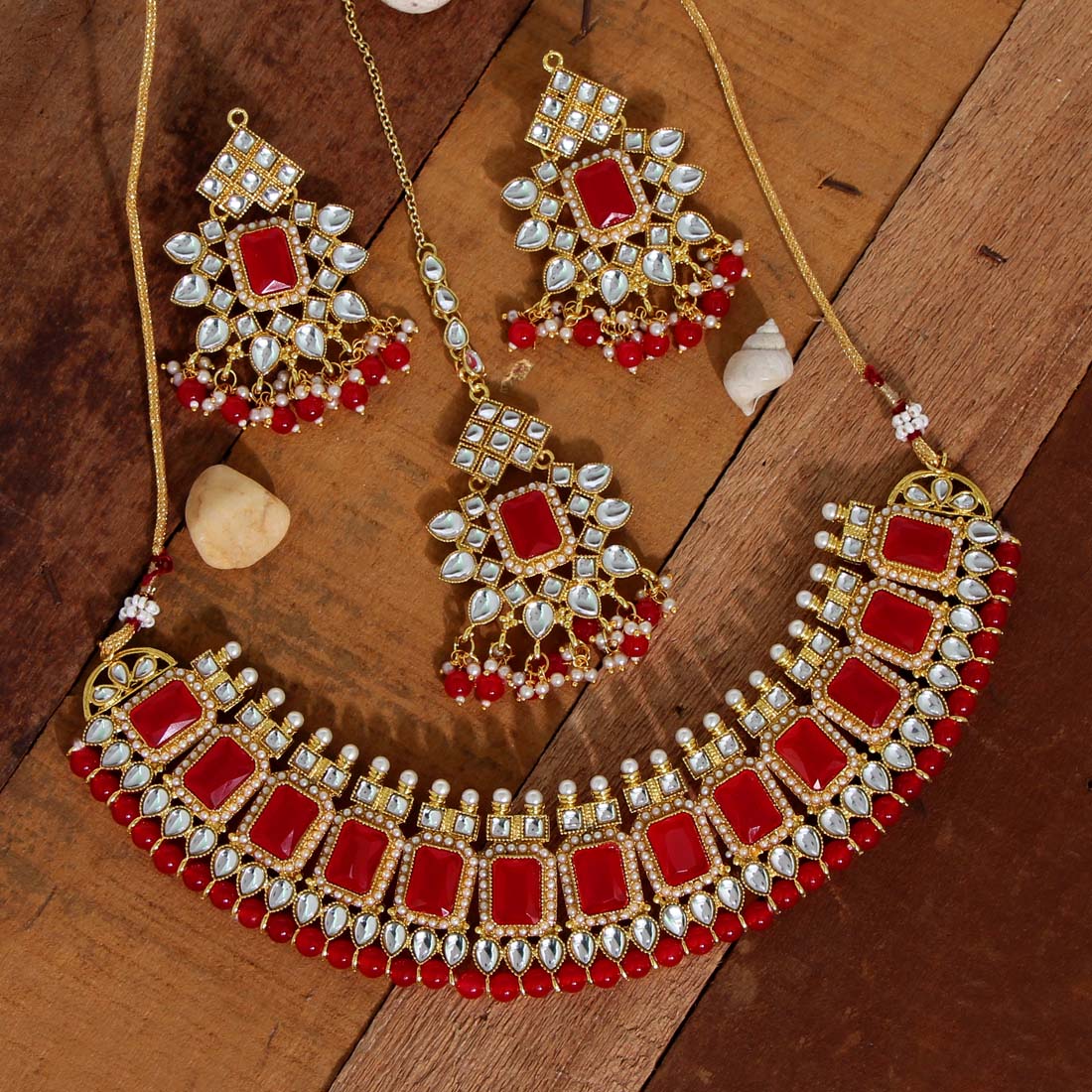 Red Color Kundan Necklace Set