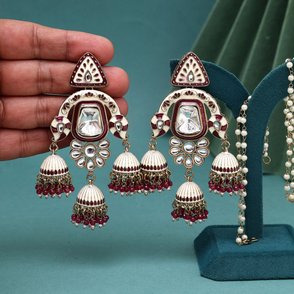 Magenta Color Kundan Meenakari Earrings