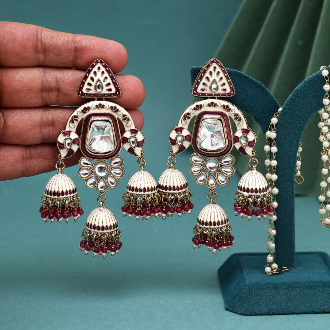 Magenta Color Kundan Meenakari Earrings
