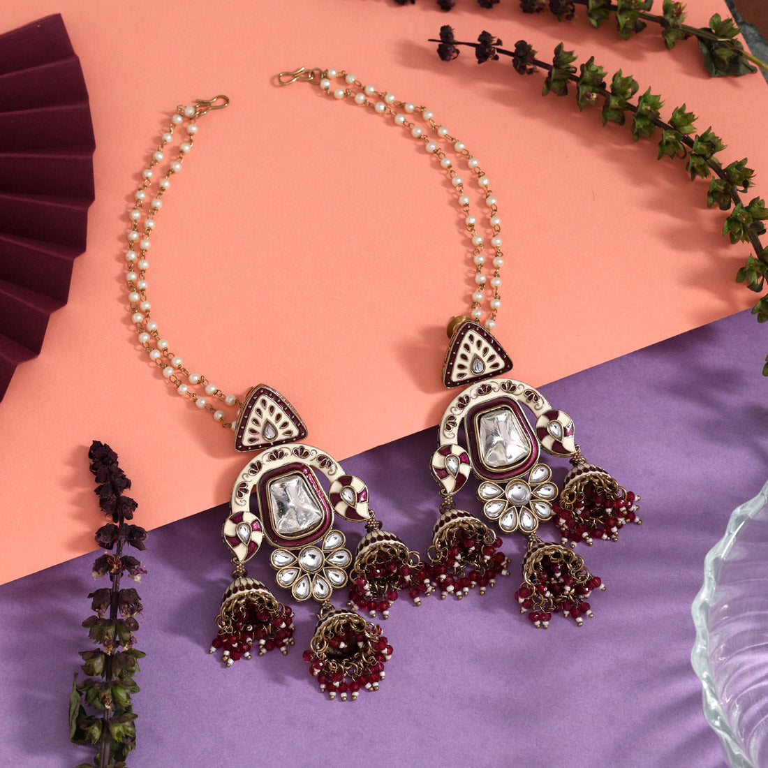 Magenta Color Kundan Meenakari Earrings