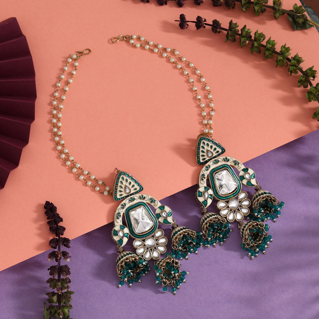 Rama Green Color Kundan Meenakari Earrings