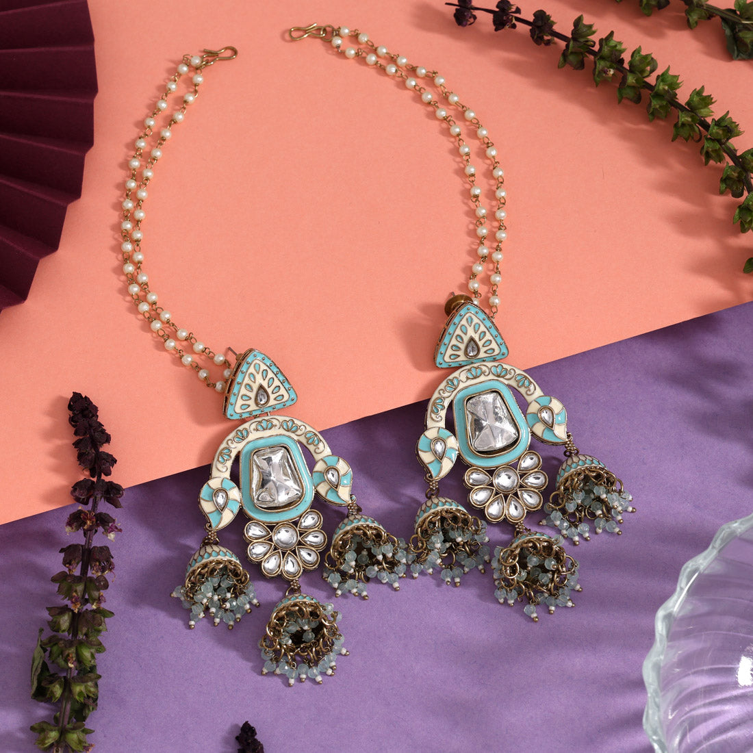 Sky Blue Color Kundan Meenakari Earrings