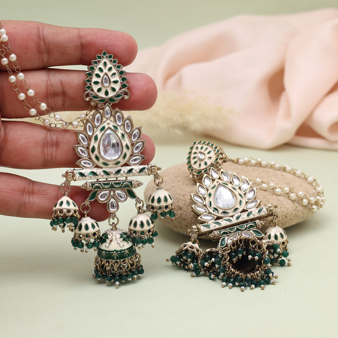 Ethnic White & Green Color Kundan Meenakari Earrings