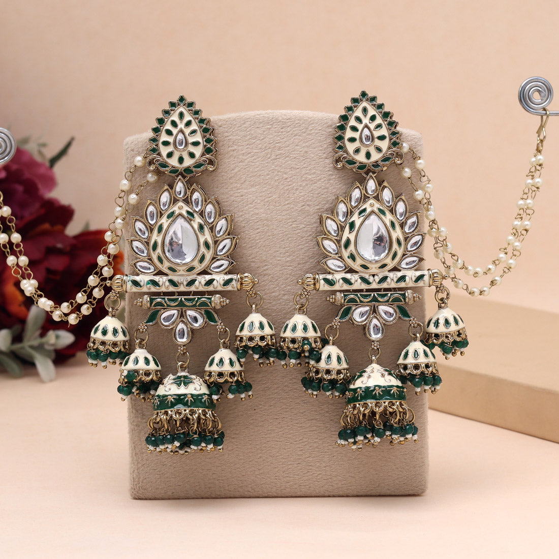 Ethnic White & Green Color Kundan Meenakari Earrings