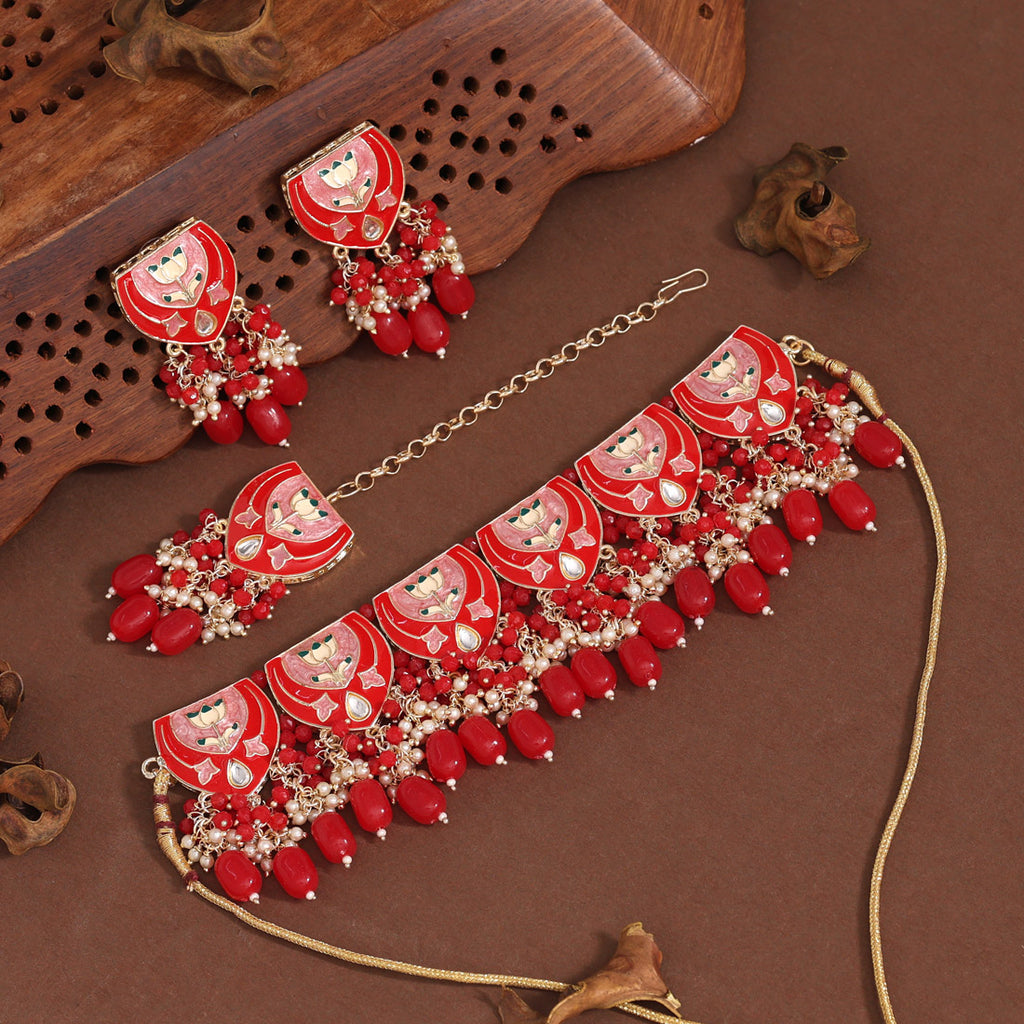 Red Color Choker Meenakari Necklace Set