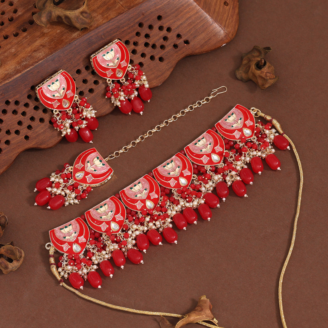 Red Color Choker Meenakari Necklace Set
