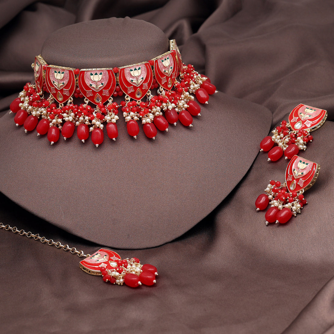 Red Color Choker Meenakari Necklace Set