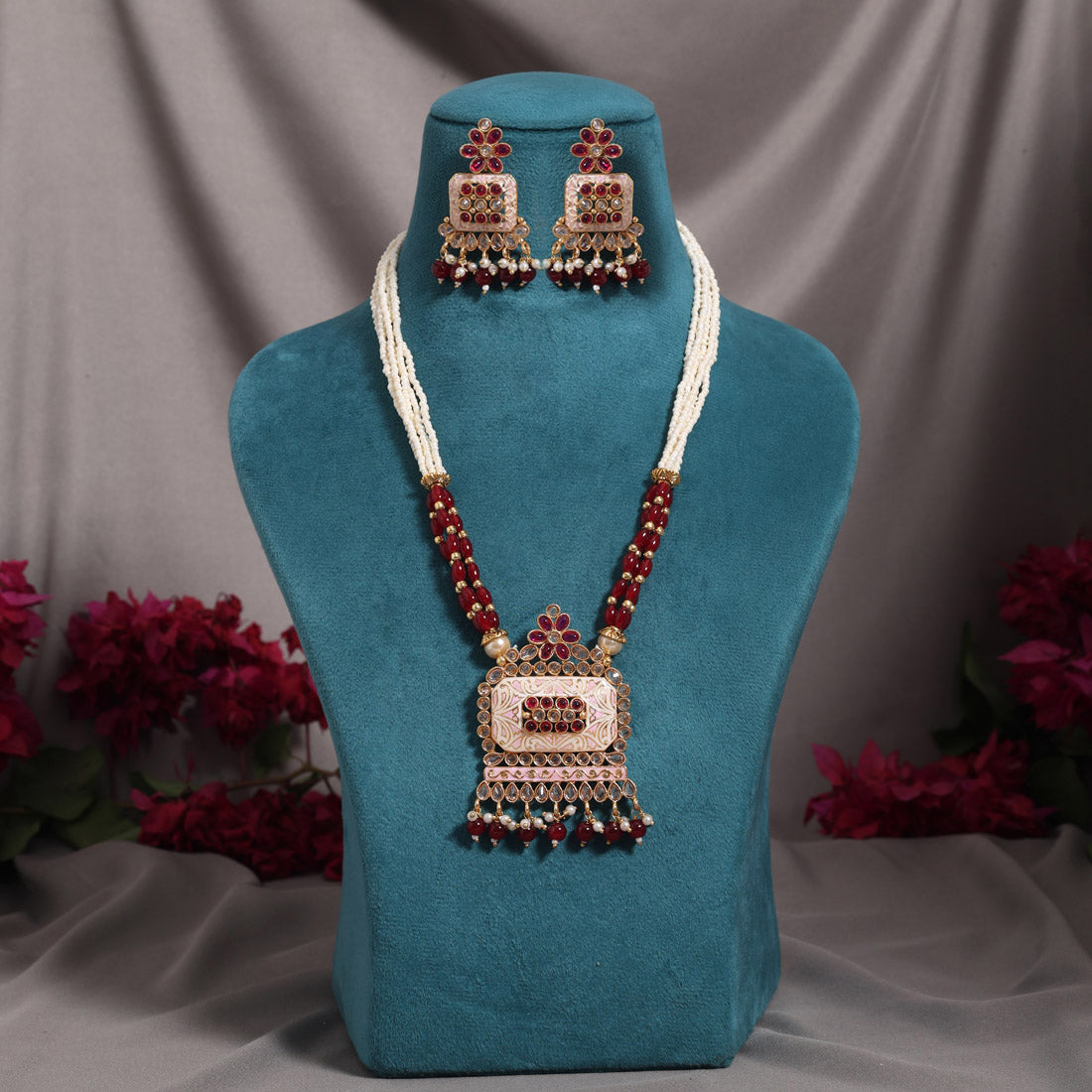 Maroon Color Matte Gold Meenakari Necklace Set