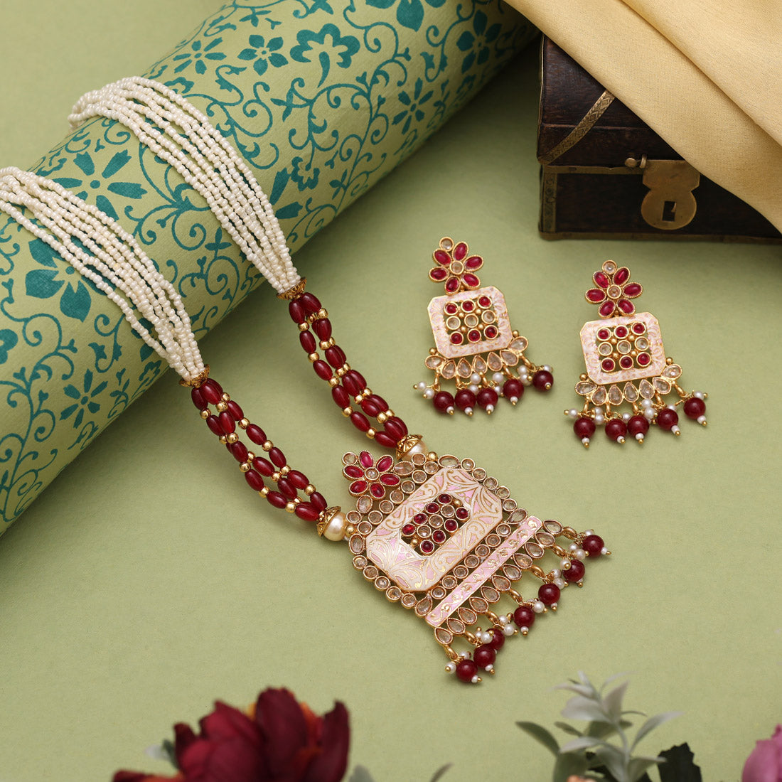 Maroon Color Matte Gold Meenakari Necklace Set