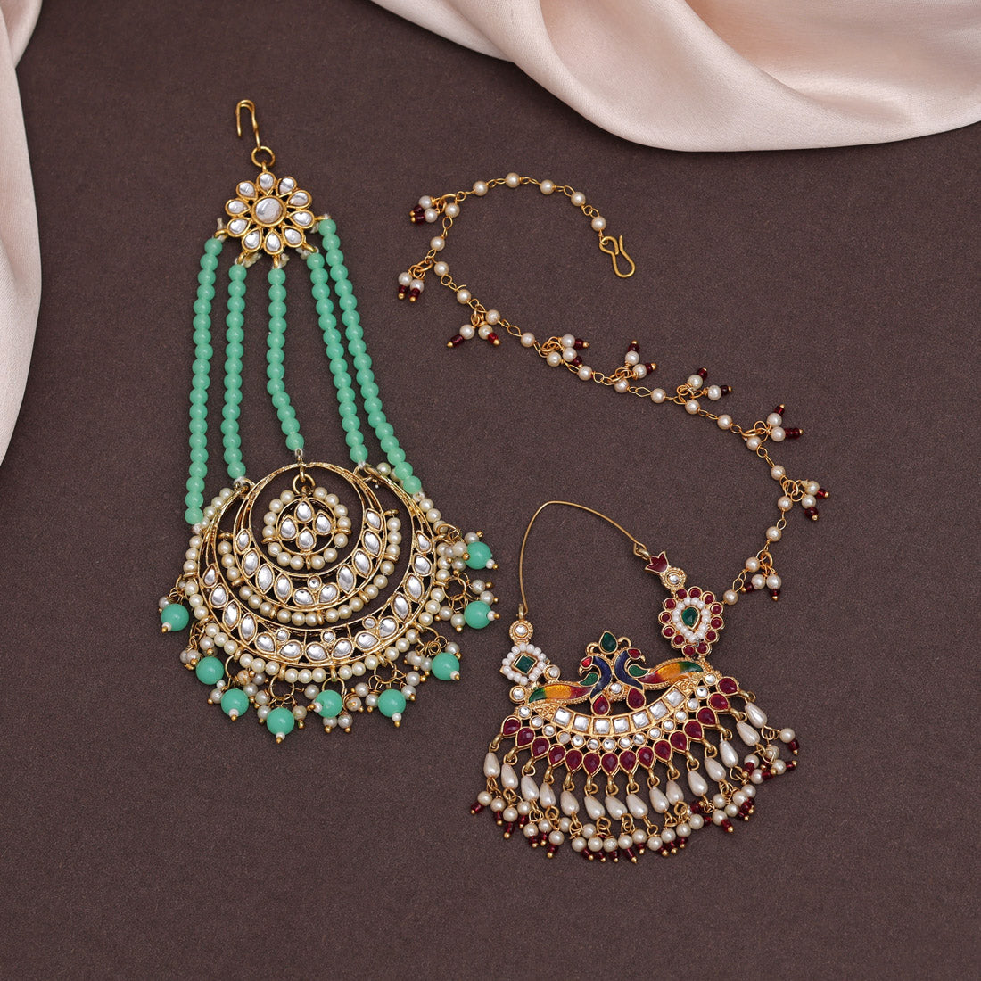 Multi Color 1 Piece Of Maang Pasa And Nose Nath
