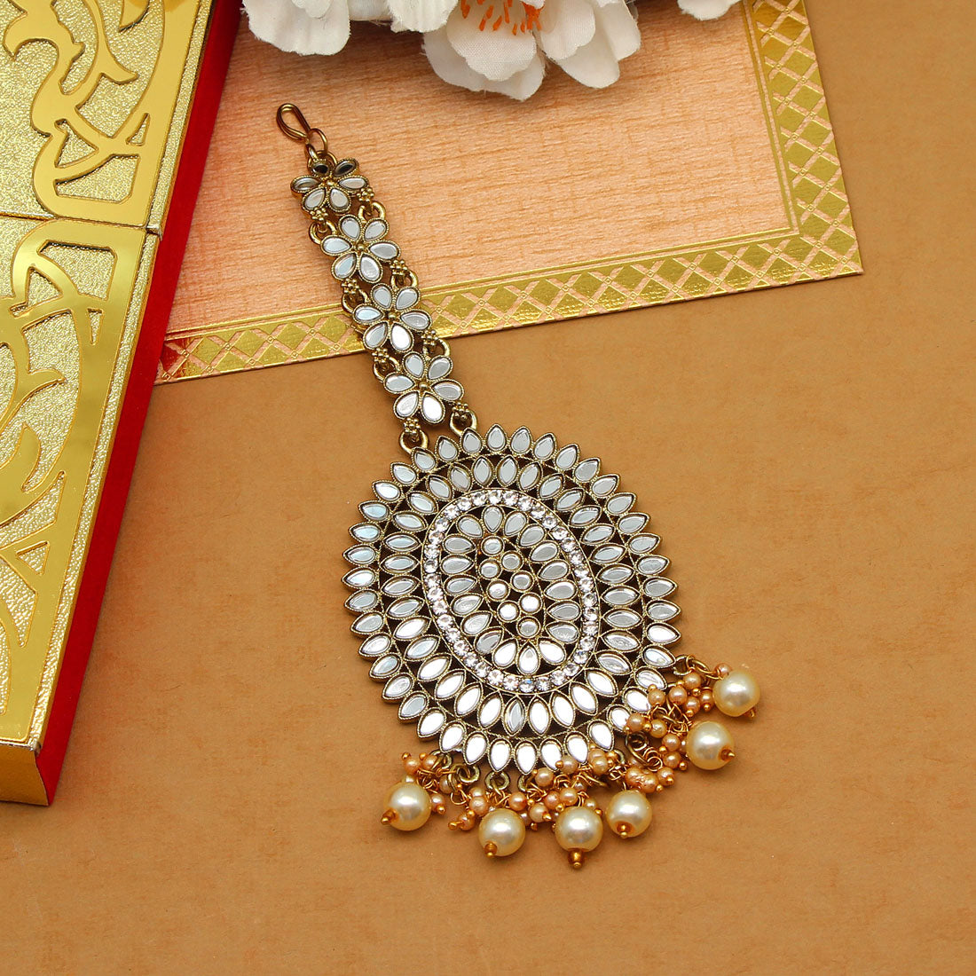Gold Color Mirror Work Maang Tikka