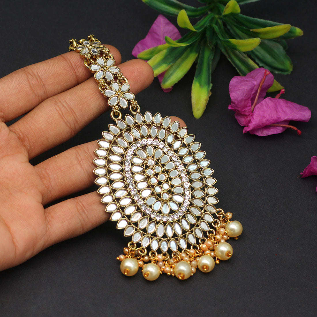 Gold Color Mirror Work Maang Tikka