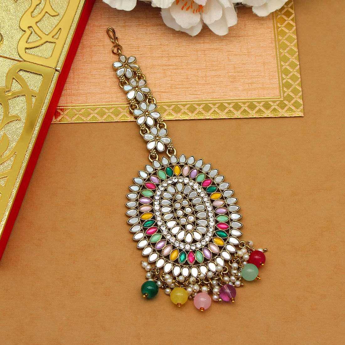 Multi Color Mirror Work Maang Tikka