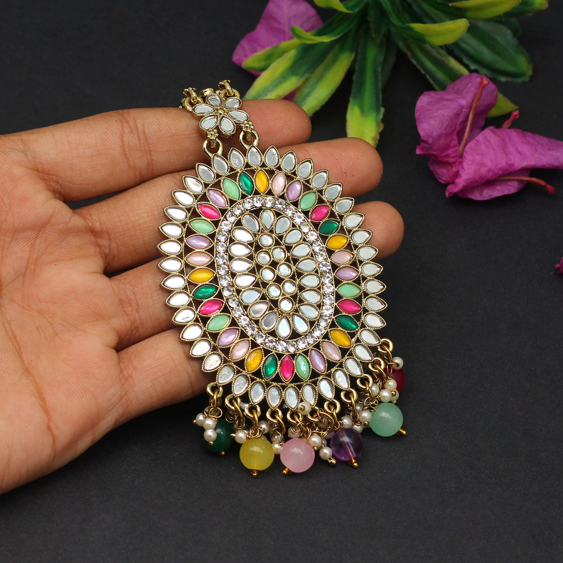 Multi Color Mirror Work Maang Tikka