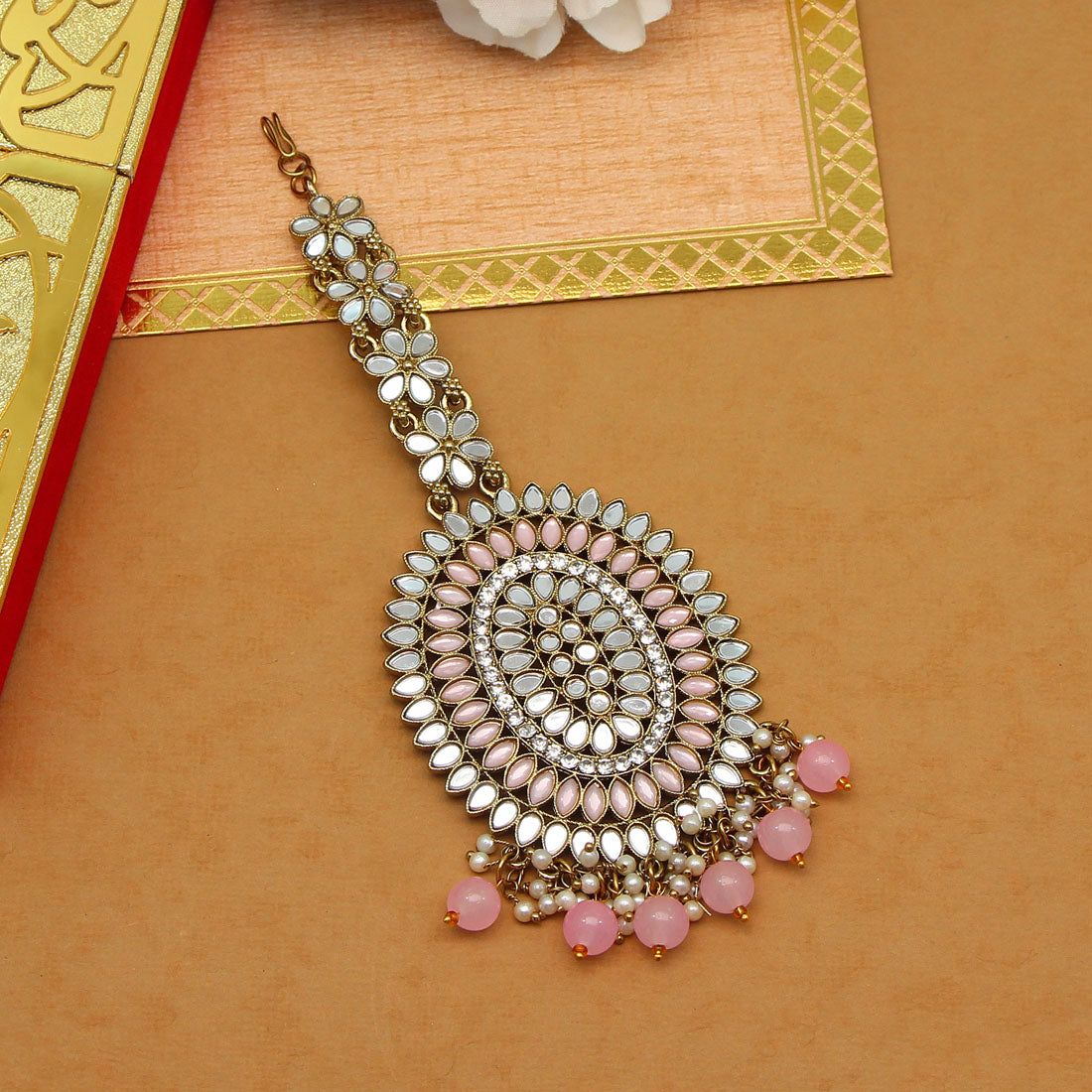 Pink Color Mirror Work Maang Tikka