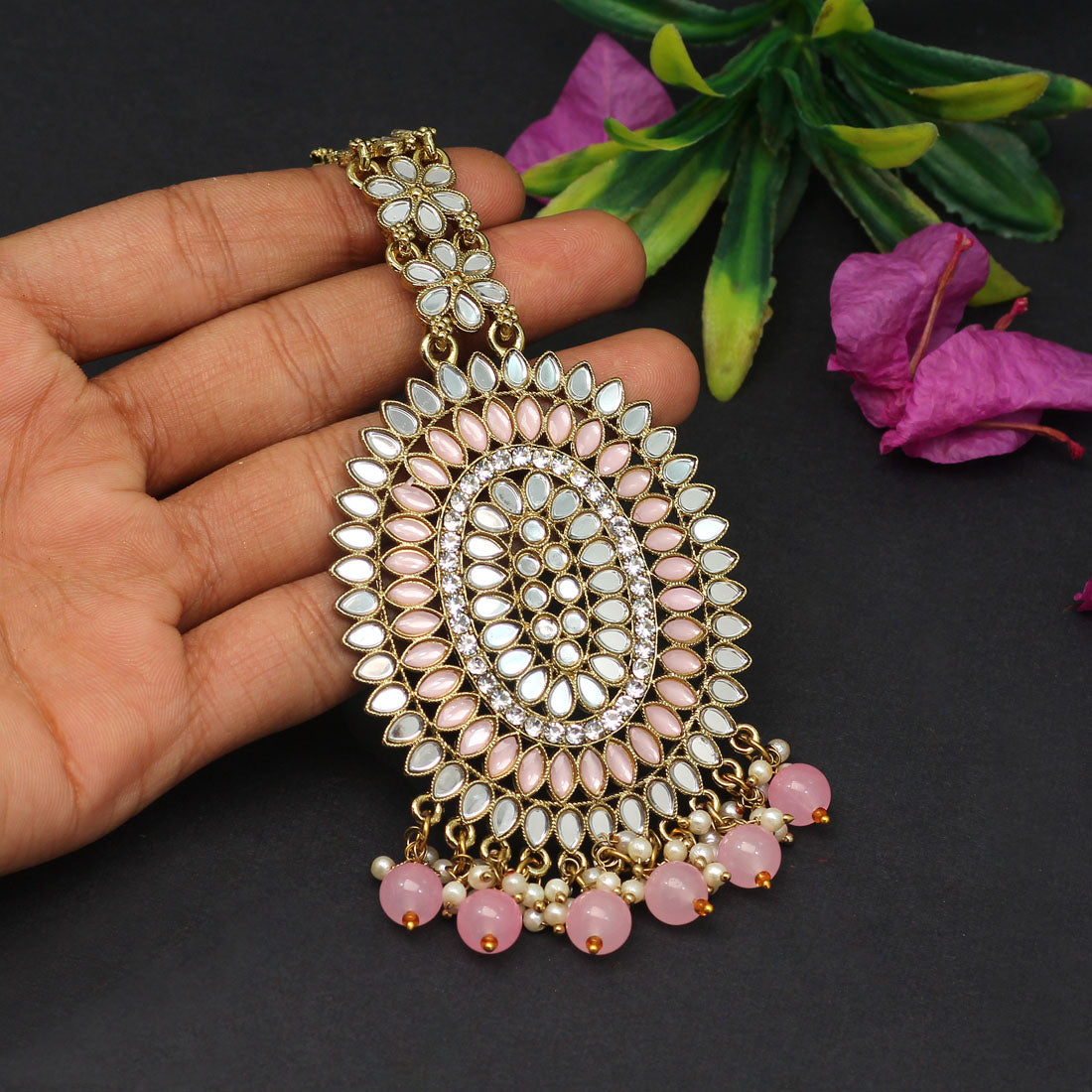 Pink Color Mirror Work Maang Tikka