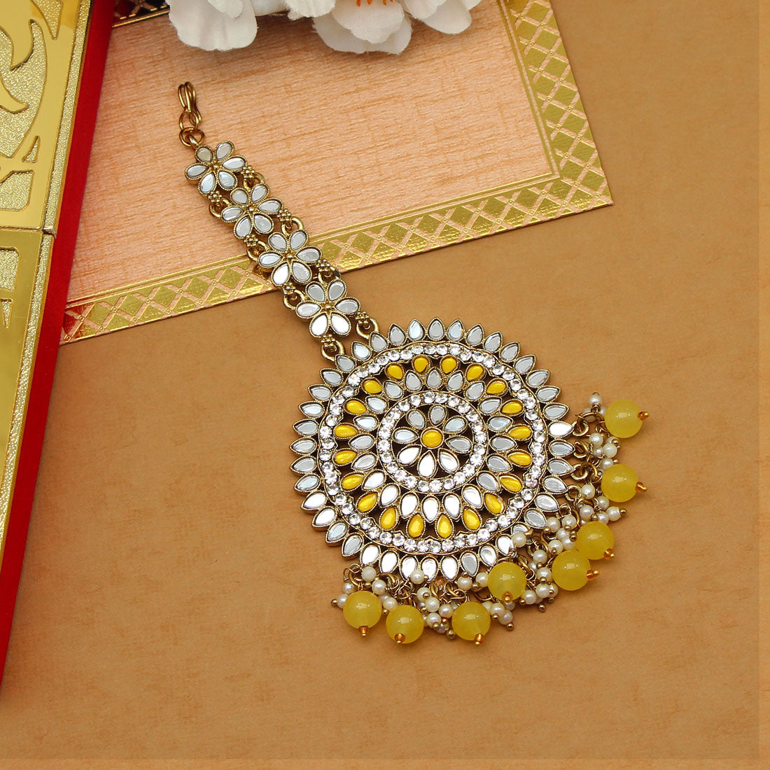 Yellow Color Mirror Work Maang Tikka