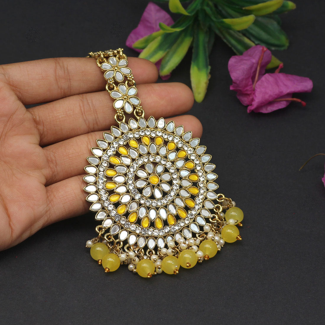 Yellow Color Mirror Work Maang Tikka