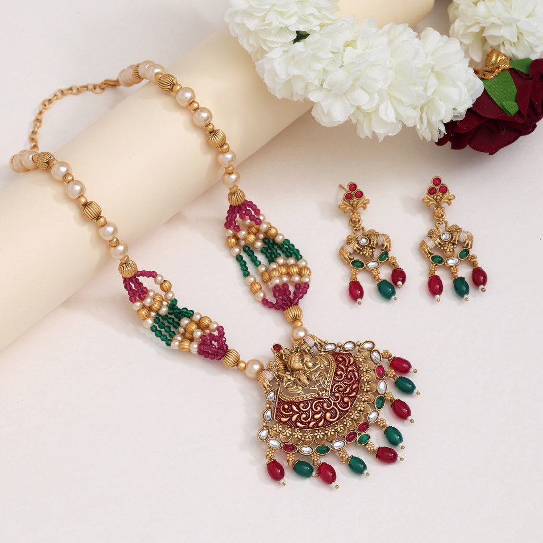 Rani & Green Color Matte Gold Rajwadi Temple Necklace Set
